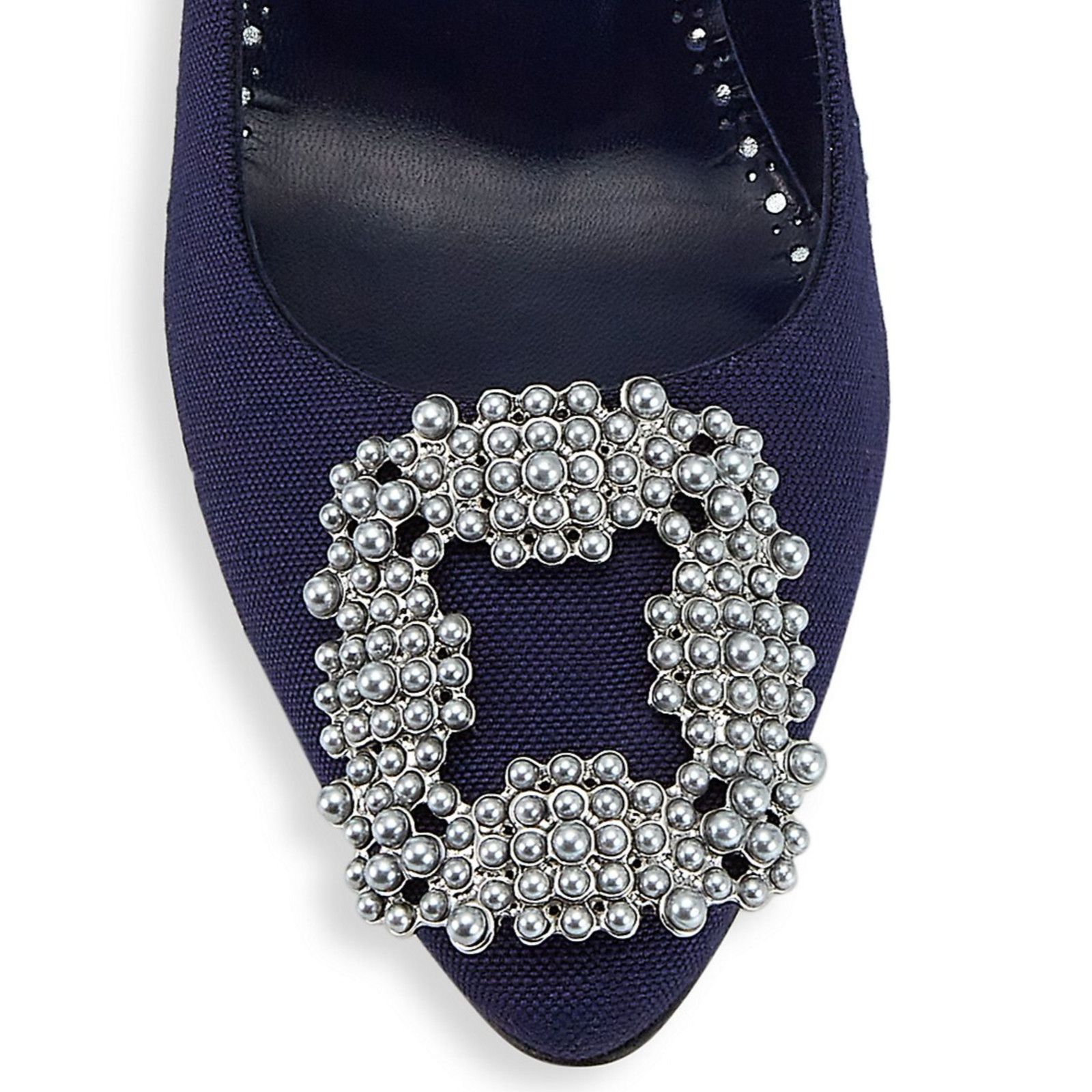Manolo Blahnik Hangisi 70 Navy Linen Pearl Jewel Buckle Low Heel Pump 39 Size US 9 / IT 39 - 10 Thumbnail