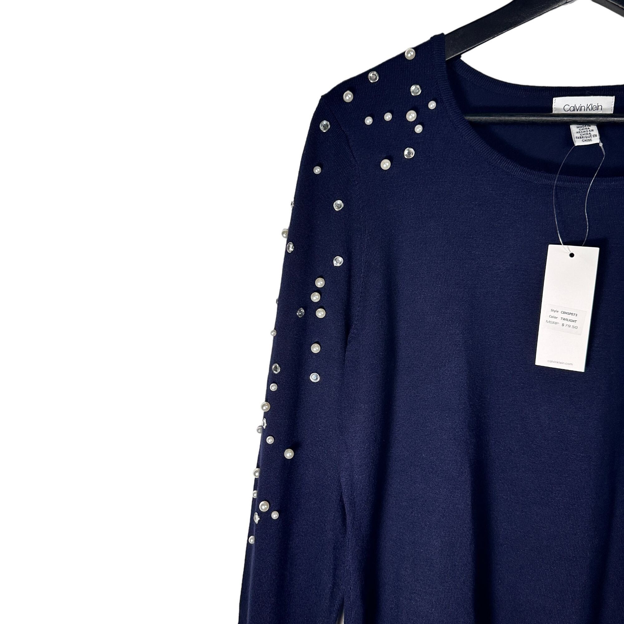Calvin Klein Calvin Klein Women's Navy Pullover Sweater with Pearl and Rh Size M / US 6-8 / IT 42-44 - 9 Thumbnail