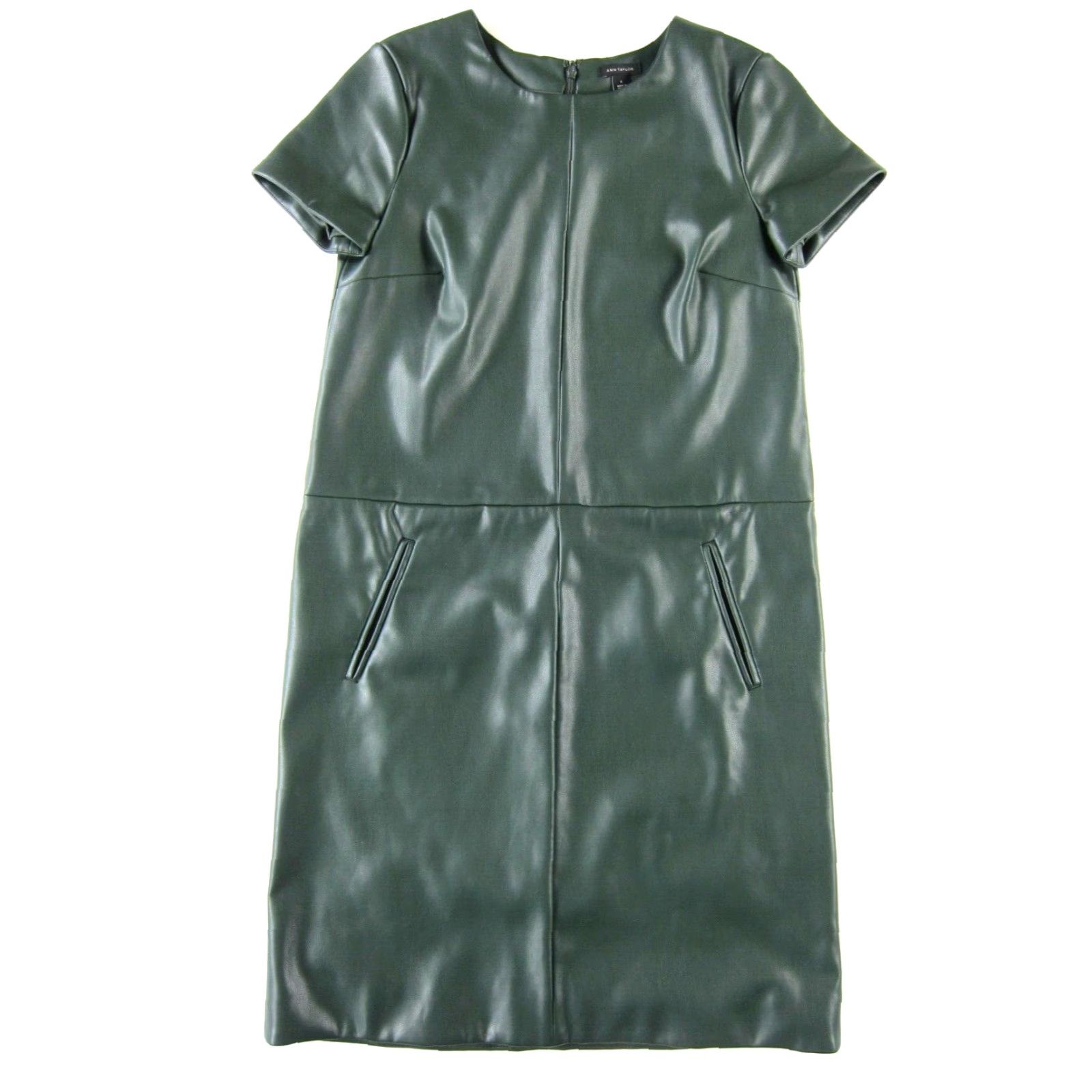 Ann Taylor VINTAGE Ann Taylor Green Faux Leather Stretch Short Sleeve Pocket Sheath Shift Dress 0 Size 25" / US 0 / IT 36 - 2 Thumbnail