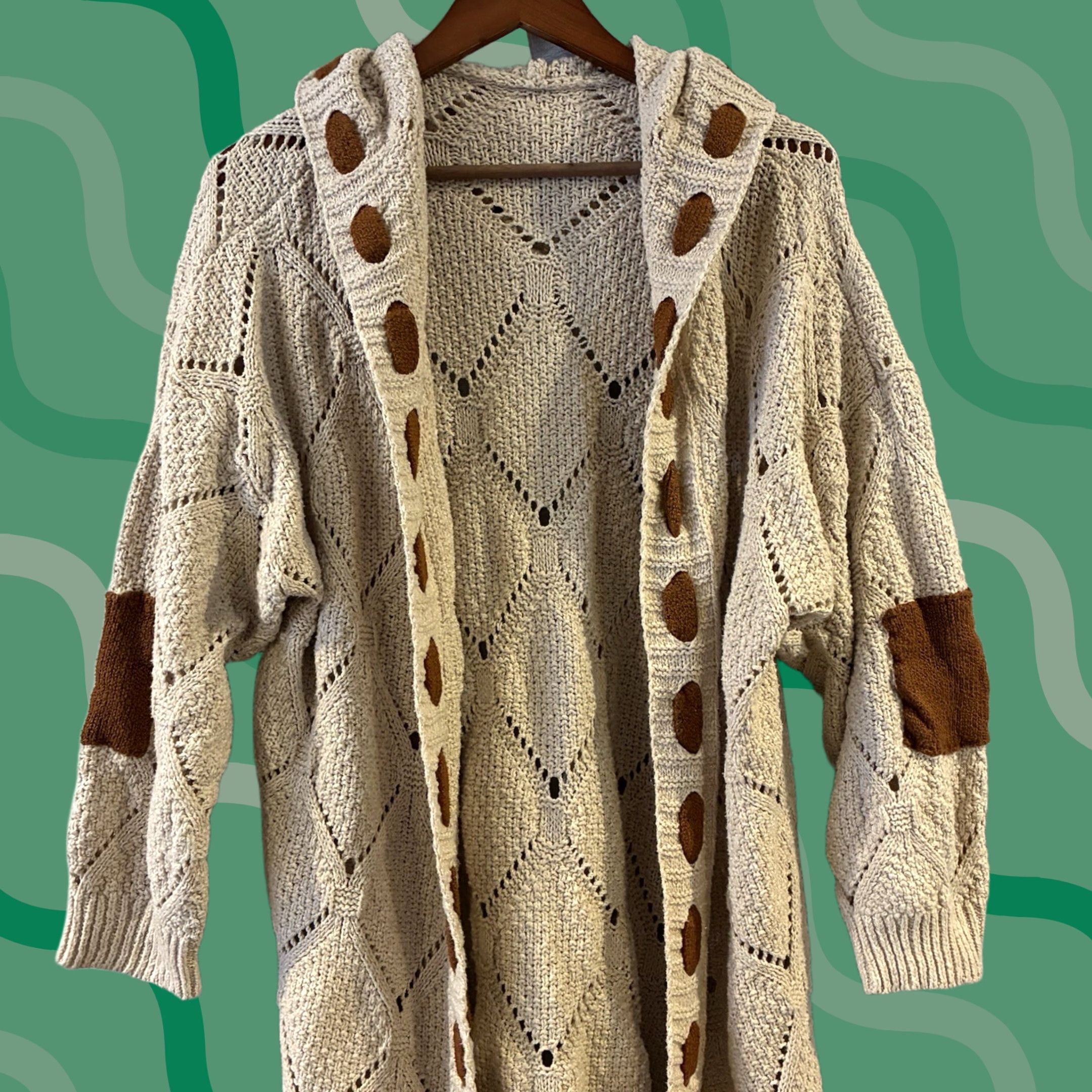 Vintage Hooded cardigan Brown elbows Cable Boho Women M Sweater Regular Polyester T-137 Size M / US 6-8 / IT 42-44 - 1 Thumbnail