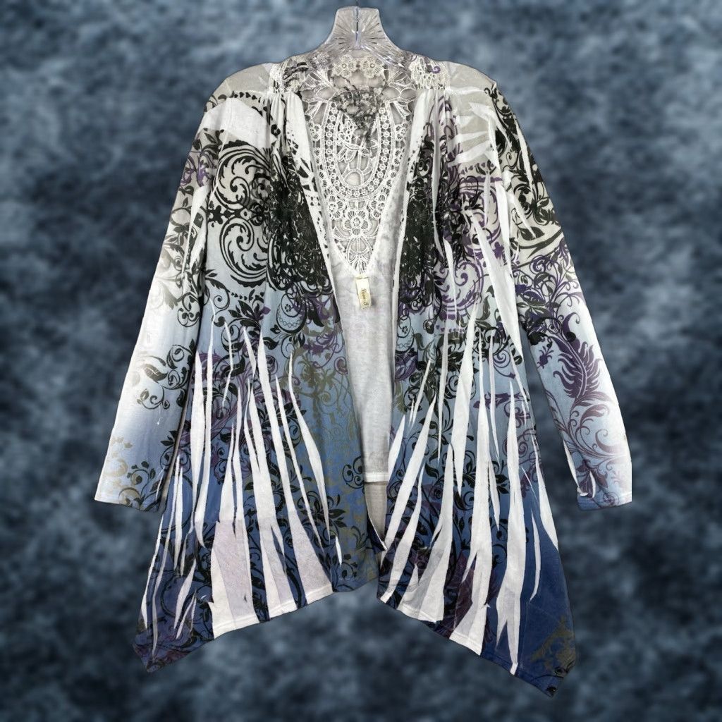 Vintage LOVE J Cardigan Womens S Blue Open Sublimation Asymmetrical Knit Crochet Lace Size L / US 10 / IT 46 - 1 Thumbnail