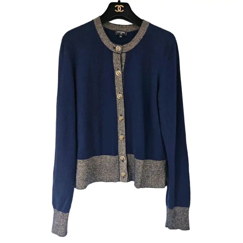 Chanel Chanel Navy Blue Cashmere Cardigan with Logo 0089 Size M / US 6-8 / IT 42-44 - 1 Thumbnail