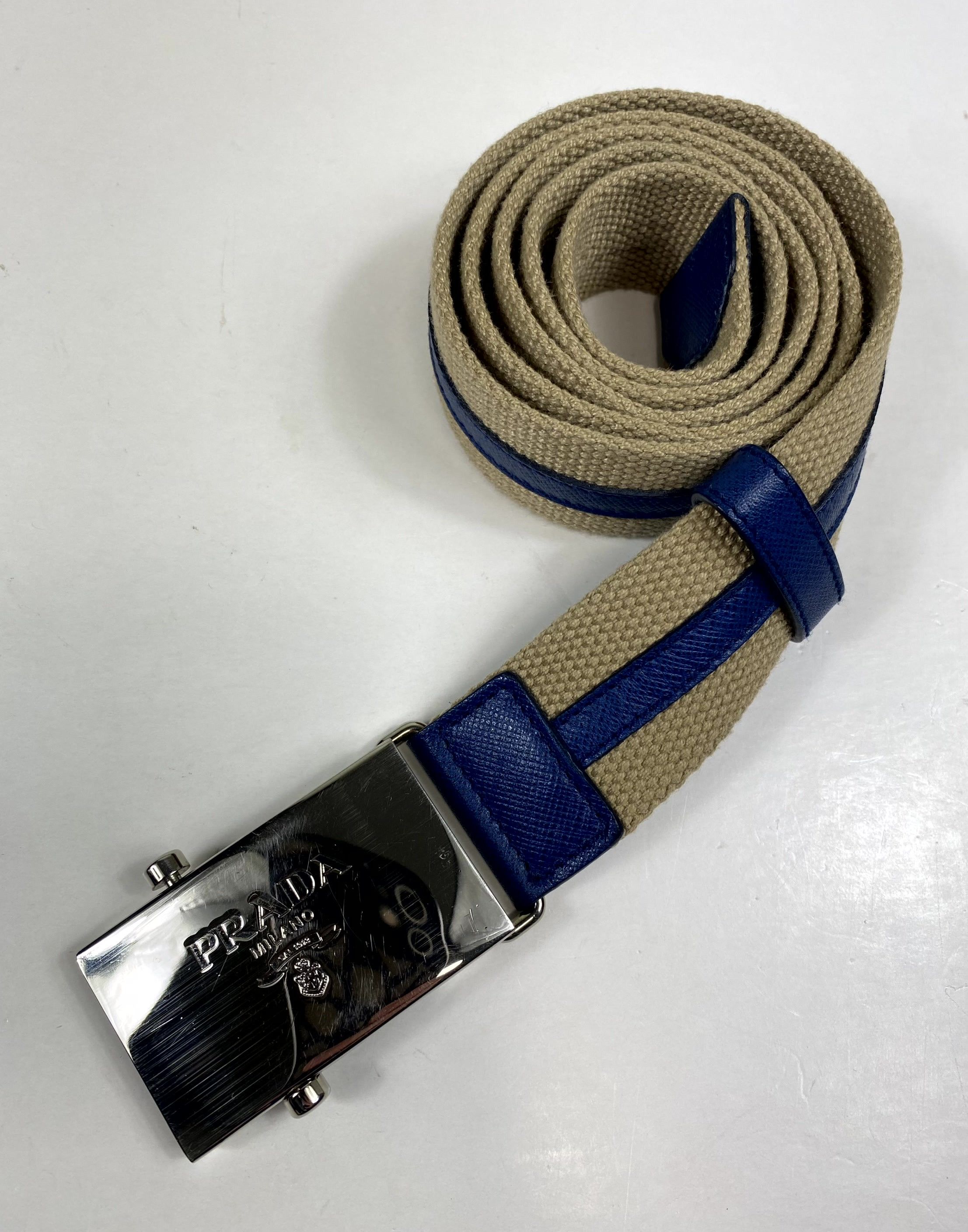 image of Prada Logo Adjustable Beige/blue Belt Size 95/38, Men's