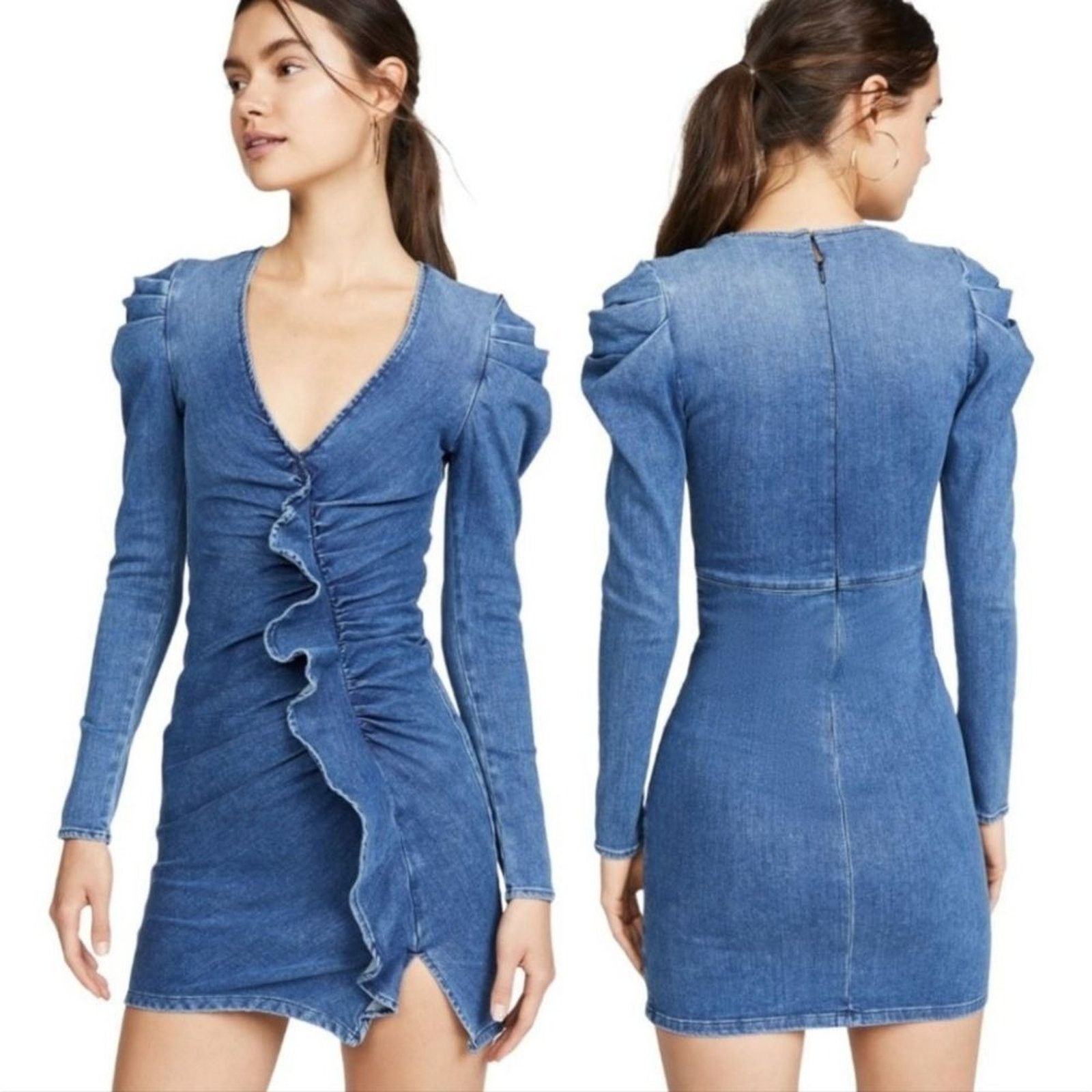 Jonathan Simkhai Jonathan Simkhai Denim Ruffle Long Puff Sleeve Dress Size 2 Size XS / US 0-2 / IT 36-38 - 8 Thumbnail