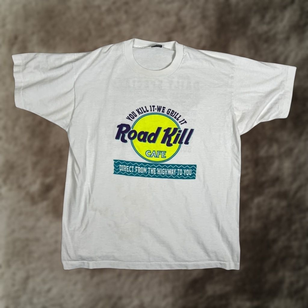 Vintage VINTAGE Road Kill Cafe T-Shirt Mens XL White Shirt Humor 90s Mens Black Text Graphic Print Short Sleeve Crew Neck All Seasons Size US XL / EU 56 / 4 - 1 Thumbnail