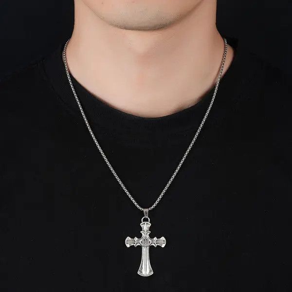 Jewelry Silver Crown Cross Pendant Necklace, Men's Religious Jewelry Size ONE SIZE - 1 Thumbnail