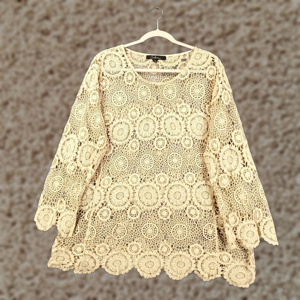Vintage Calessa Blouse Womens L Ivory Open Lace Sheer Scalloped Hem Pullover Boho Shirt Tunic Casual Size L / US 10 / IT 46 - 1 Thumbnail