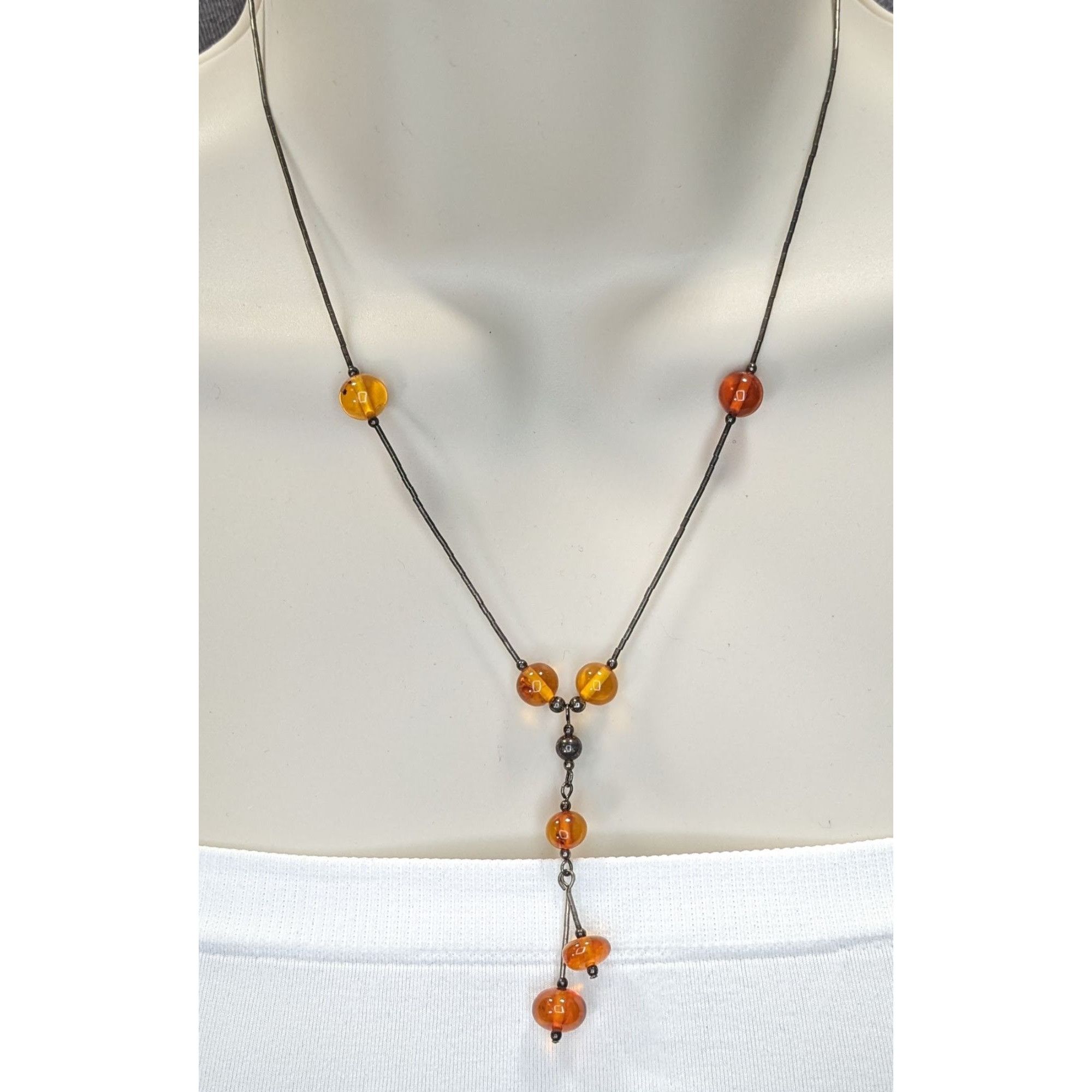 Other Vintage Amber Bead Necklace With Liquid Silver Chain & Drop Size ONE SIZE - 1 Thumbnail