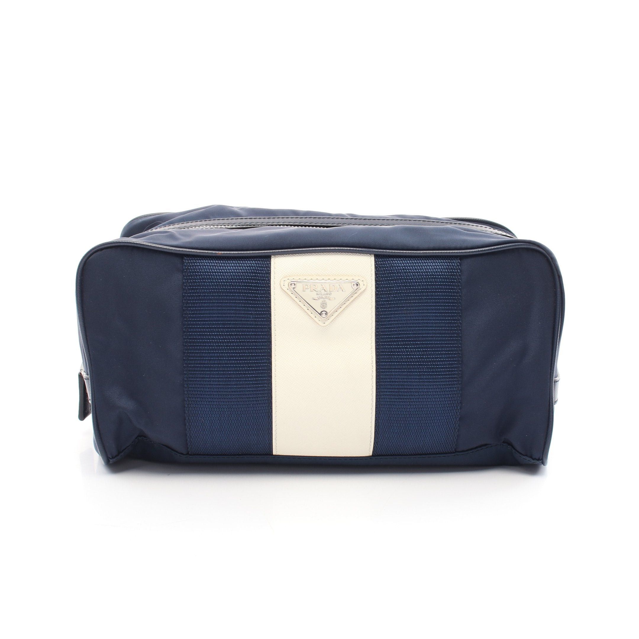 Prada Prada Clutch Bag Second Bicolor Nylon Saffiano Leather Navy Ivory Prada Logo Plate Size ONE SIZE - 1 Thumbnail