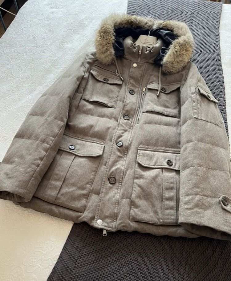 image of Brunello Cucinelli Wool Cashmere Pocket Detail Parka Jacket in Beige, Men's (Size XL)