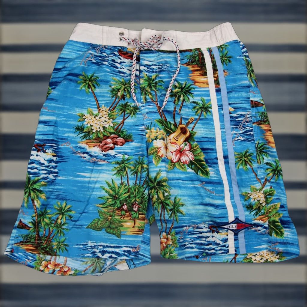 Tommy Hilfiger Tommy Hilfiger Mens Small Allover Tropical Print Swim Trunks Blue Size US 29 - 1 Thumbnail