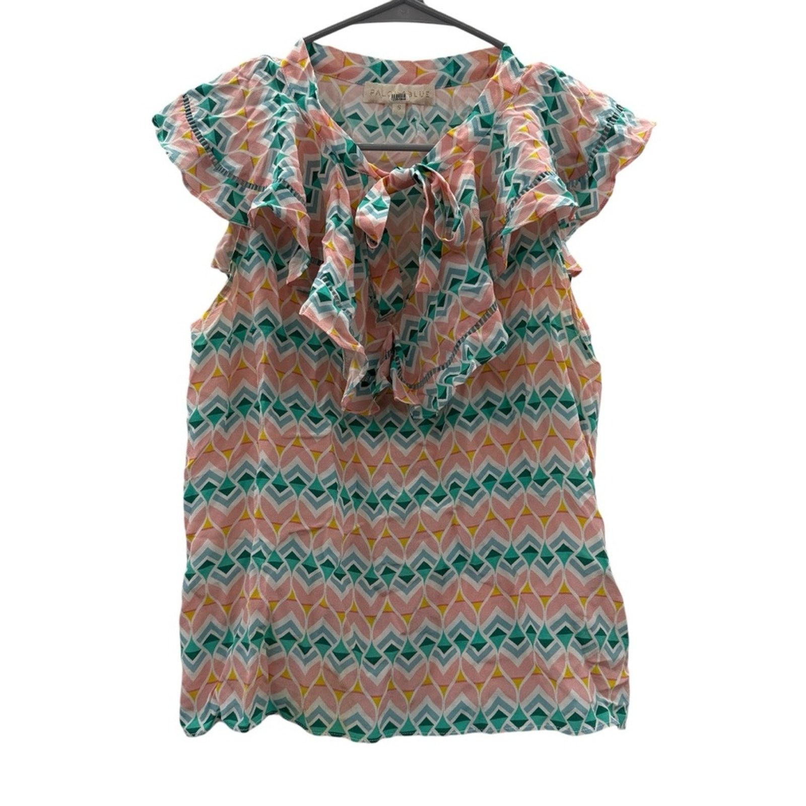 Paloma Blue 100% Silk Pink & Blue Sophia Ruffle Tie Top Sz S
