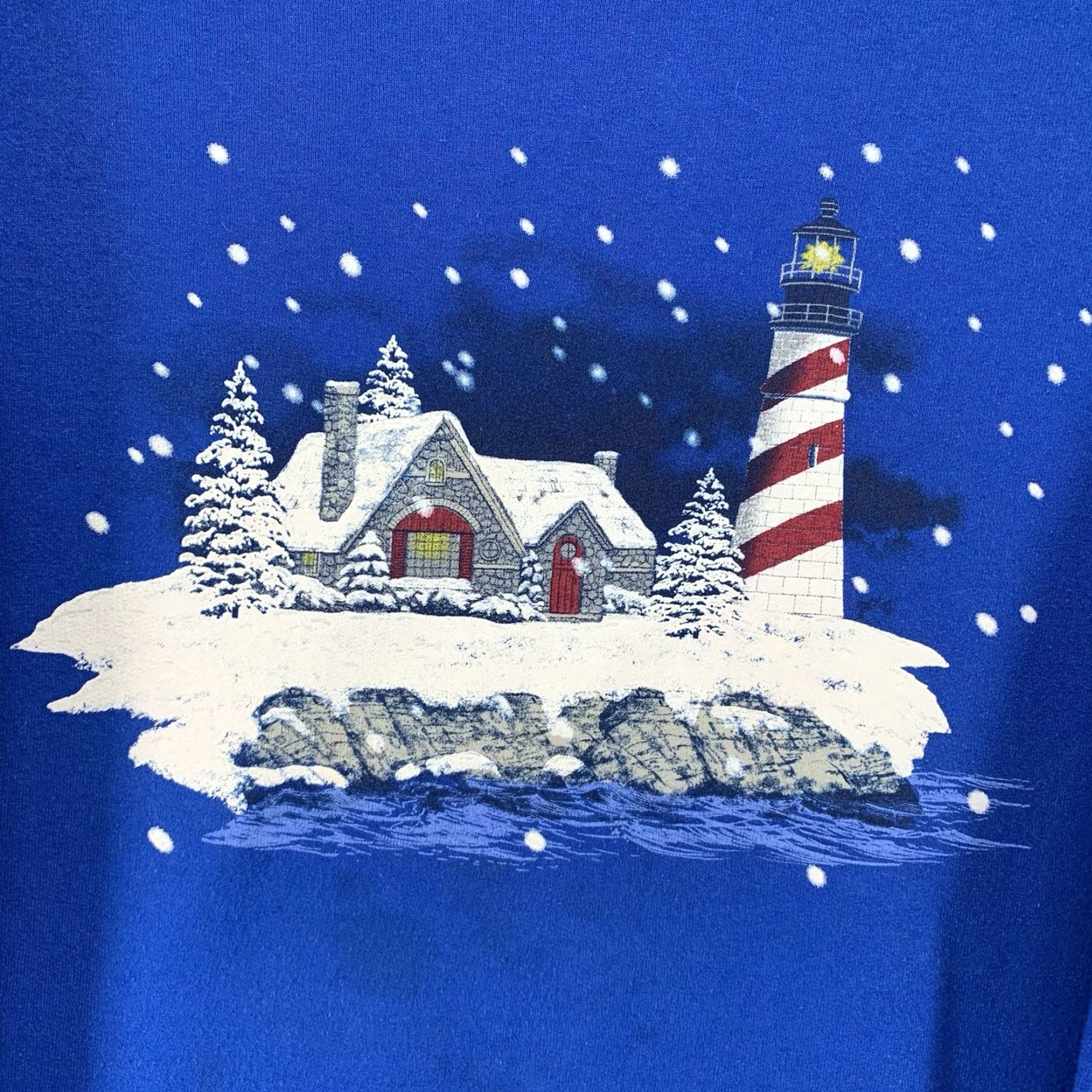 Vintage VINTAGE 90s Nautical Nature Lighthouse Winter Snow Fleece Sweatshirt Adult Small Unisex Blue Graphic Pullover Size US S / EU 44-46 / 1 - 2 Thumbnail