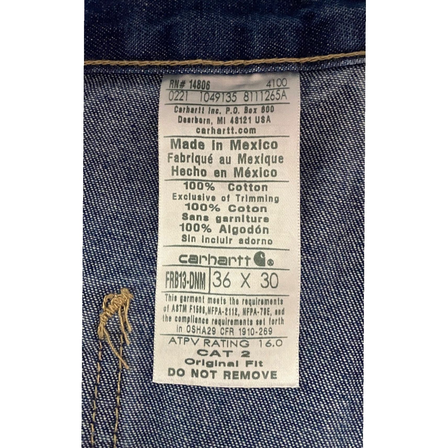 Carhartt Flame Resistant Jeans Men 36x30 Blue Carpenter Denim 5-Pocket Logo conservative FR Front Rise High Mens