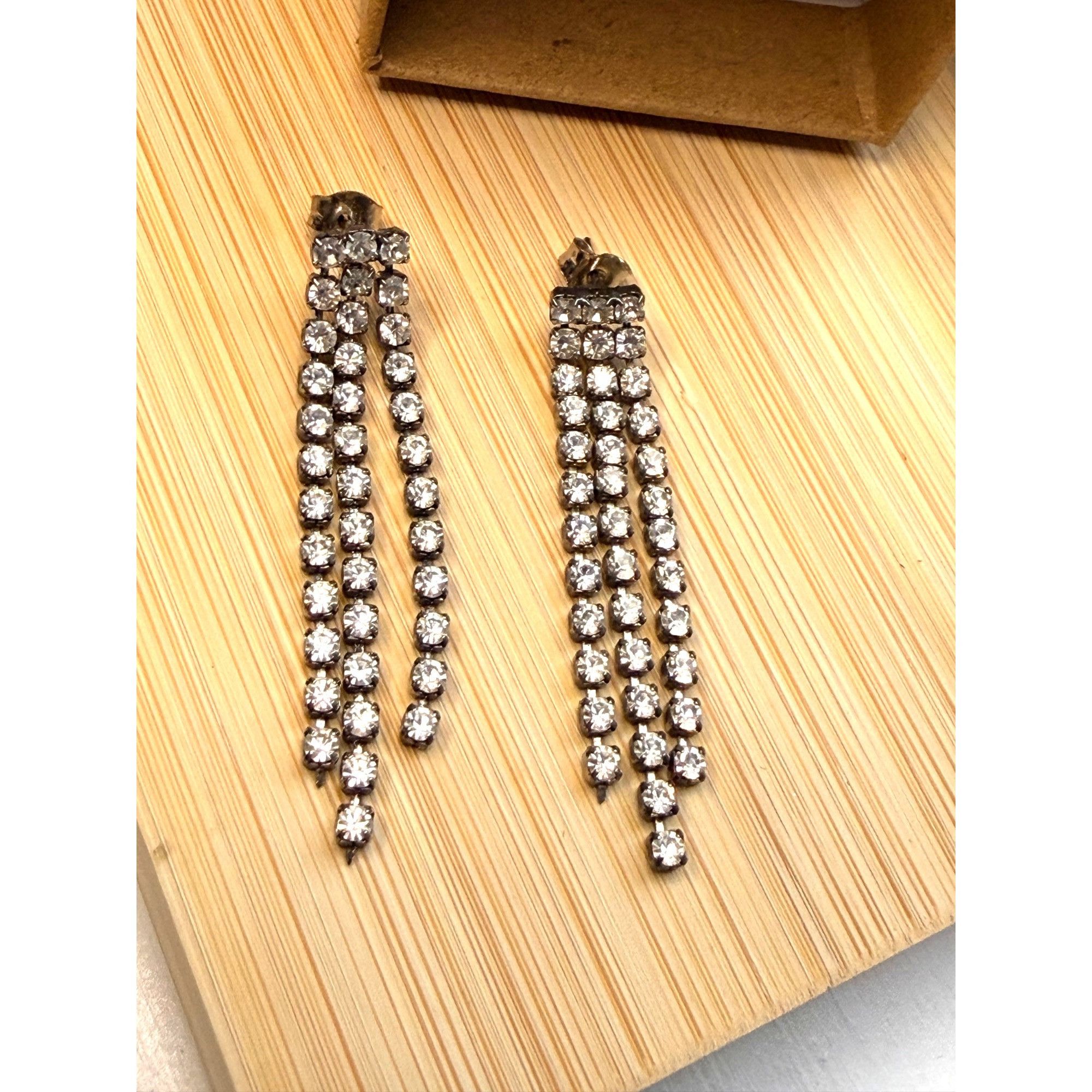 Other Silver-Tone Rhinestone Dangle Earrings With 3-Row Design For Size ONE SIZE - 2 Thumbnail