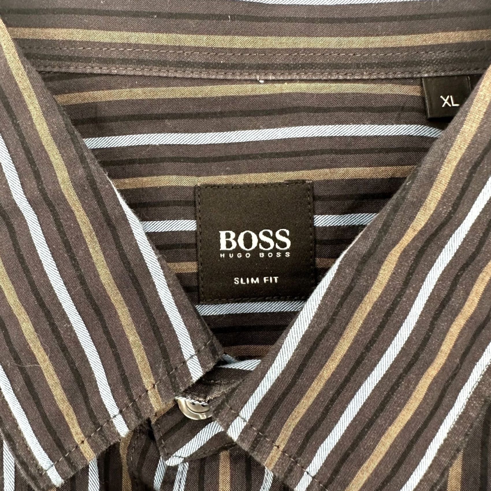 Hugo Boss HUGO BOSS Slim Fit Shirt Men XL Blue Brown Striped Button-Down Italy Long Sleeve Dress Shirt Size US XL / EU 56 / 4 - 4 Thumbnail