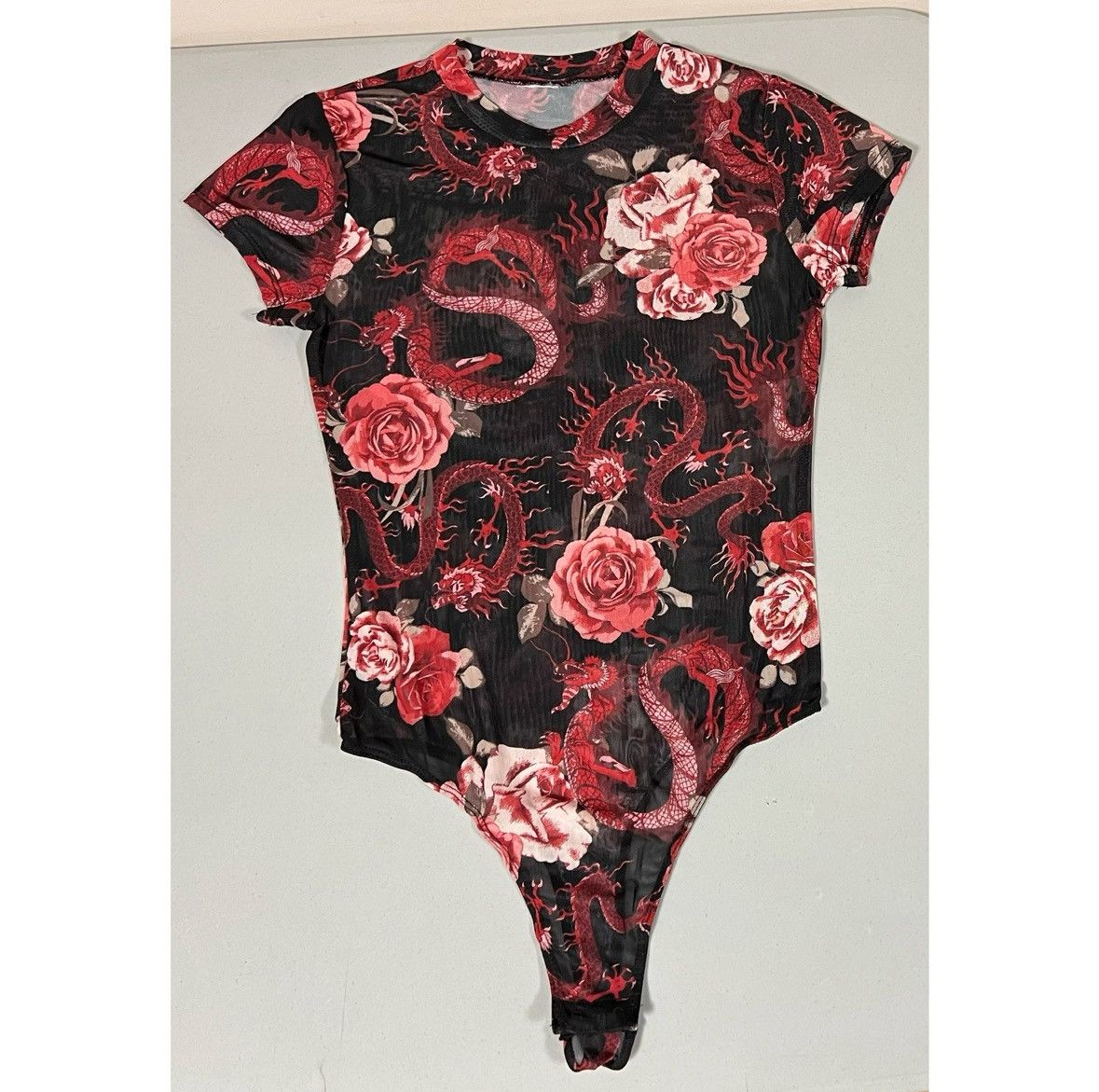 Vintage Black Red Dragon Floral Shirt Top Blouse Bodysuit Size S 🌹✨ Size S / US 4 / IT 40 - 2 Thumbnail