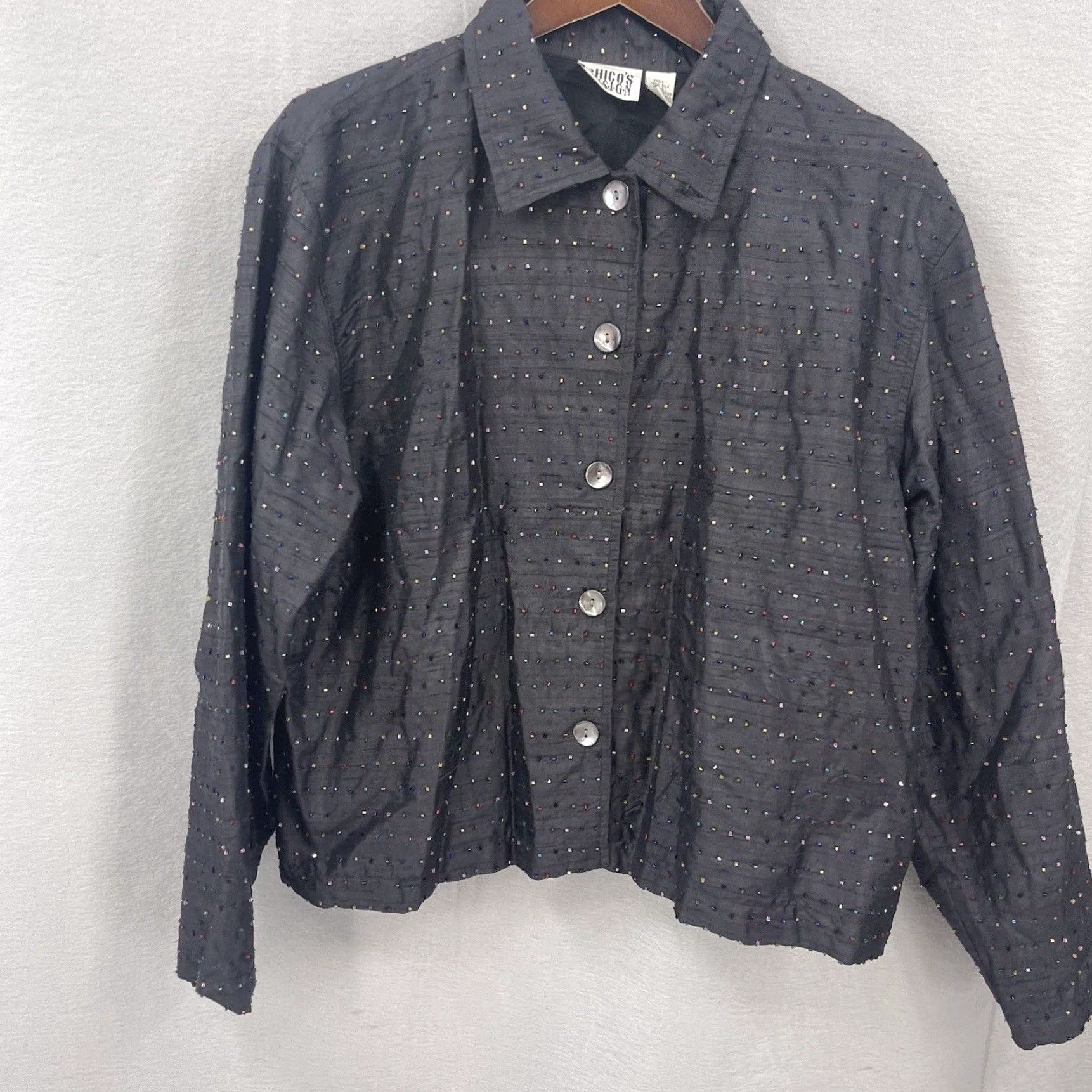 Vintage CHICO'S Blouse Shirt Womens Large Black Beaded Silk 90s Designer Lagenlook Vintage, Long Sleeve, Collared, Dry Clean Only, Regular Fit, Adult Women Size L / US 10 / IT 46 - 2 Thumbnail