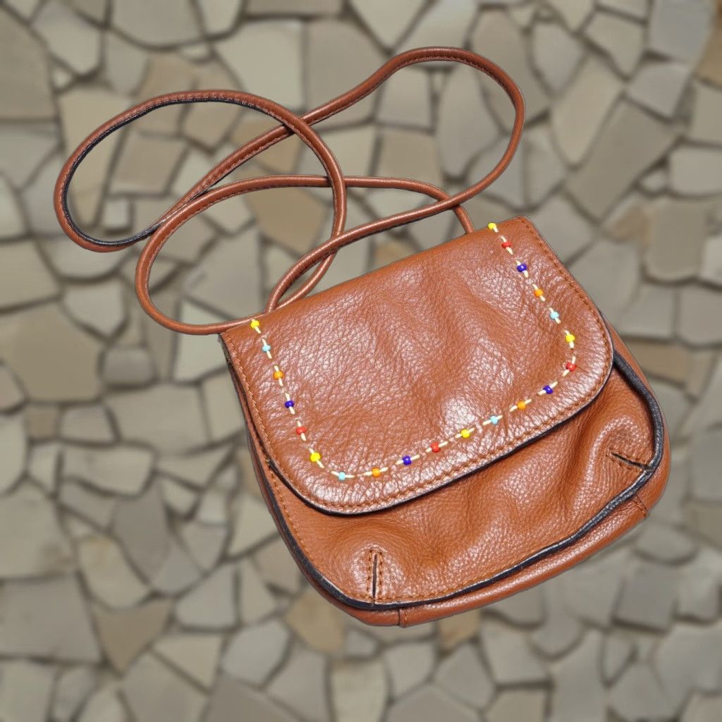 Vintage Fossil Crossbody Leather Bag Womens Brown Small Beaded Snap Boho Womens