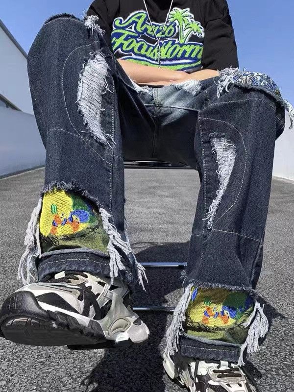 Retro high street gradient patchwork ripped patch jeans