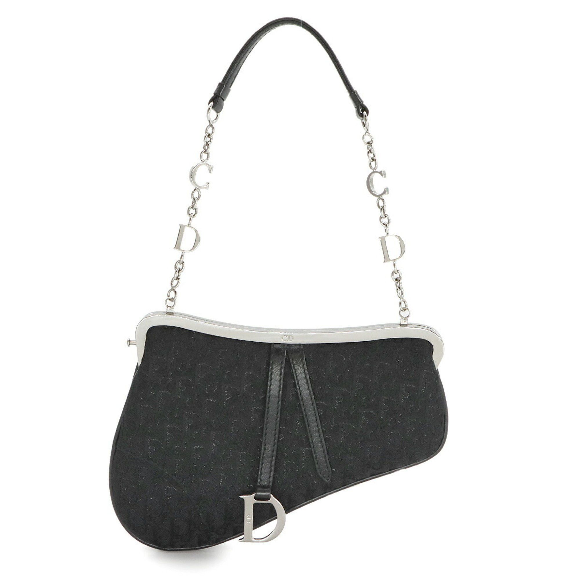 Christian Dior Trotter Saddle Mini Chain Handbag Canvas Leather Black Bag, Women's