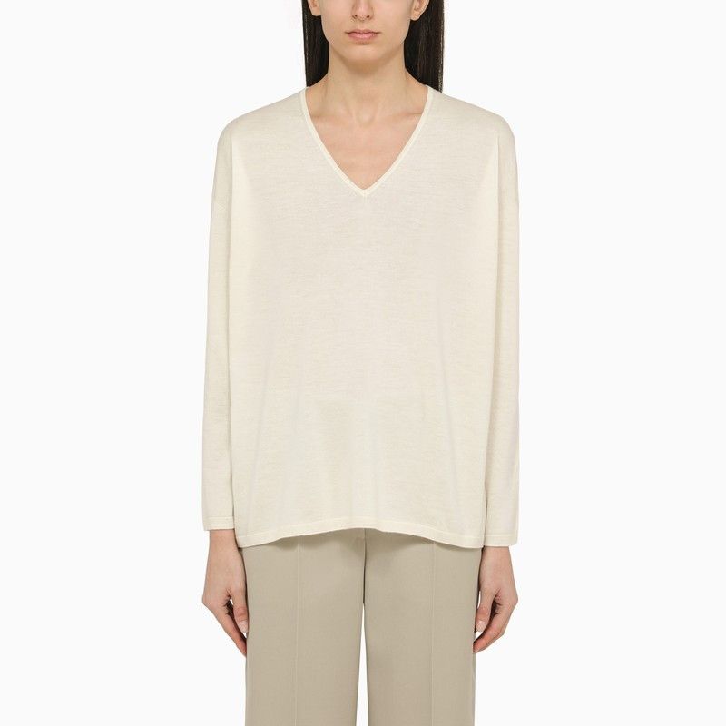 image of Max Mara White Cashmere V-Neck Sweater, Women's (Size Medium)
