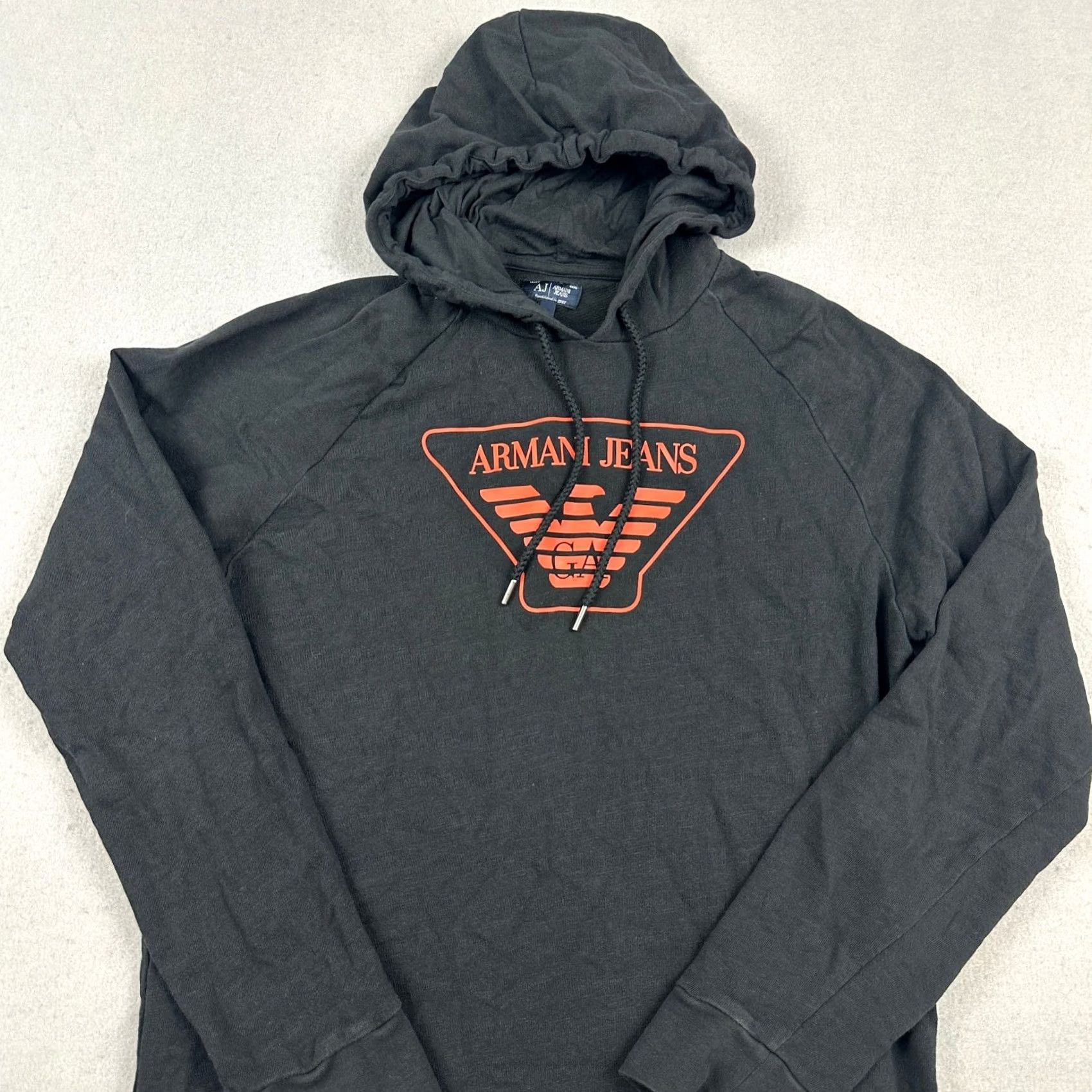 Vintage Armani Jeans Hoodie Men Large Black Orange Logo Pullover Lightweight Solid L Size US L / EU 52-54 / 3 - 2 Thumbnail