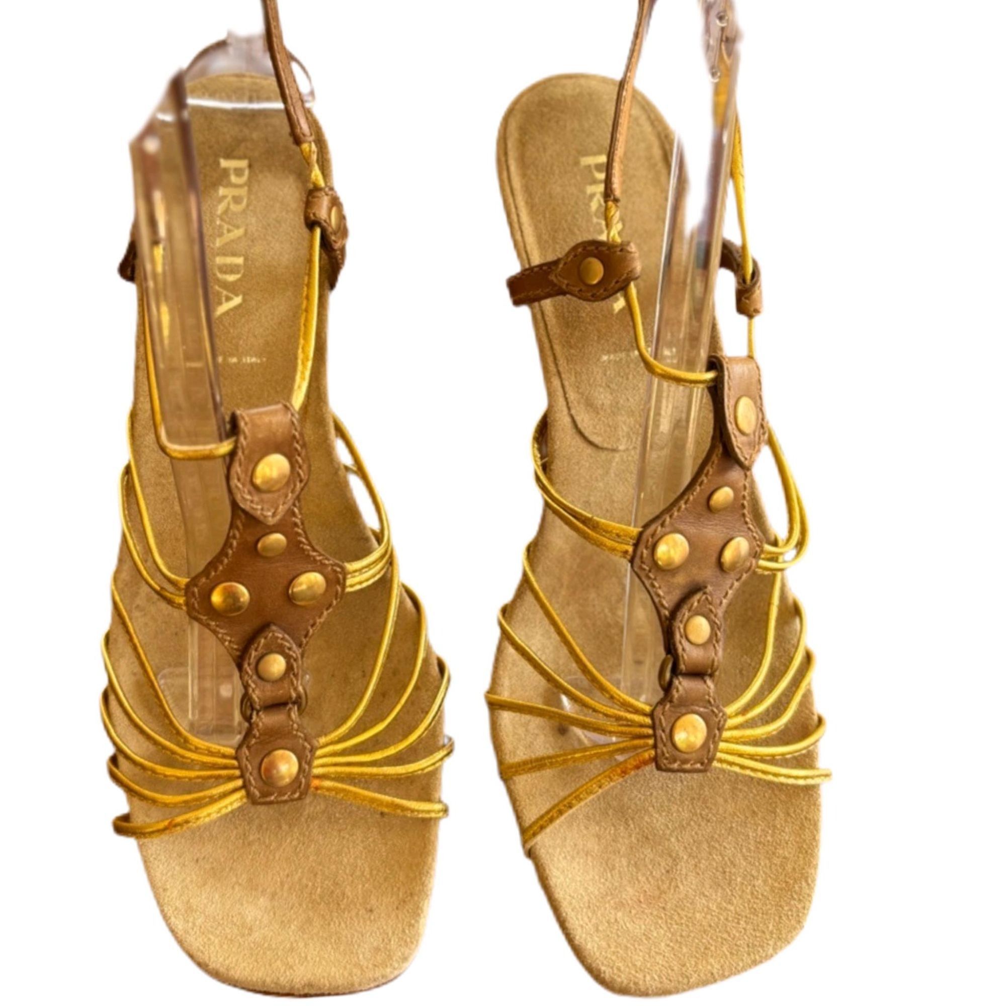 Prada Prada Womens Yellow & Brown Strappy Stiletto Heels Size 38 Size US 8 / IT 38 - 1 Thumbnail