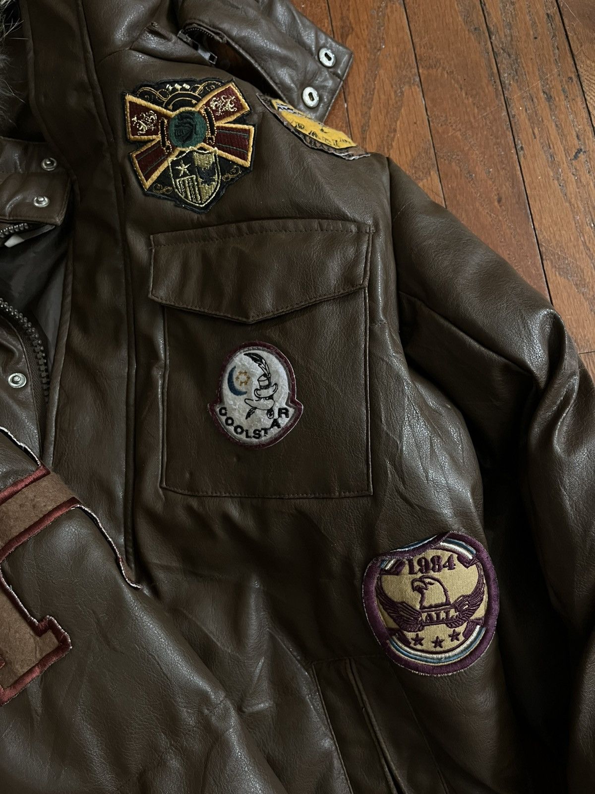 Japanese Brand Brown leather bomber/parka fur, patches Size US M / EU 48-50 / 2 - 6 Thumbnail