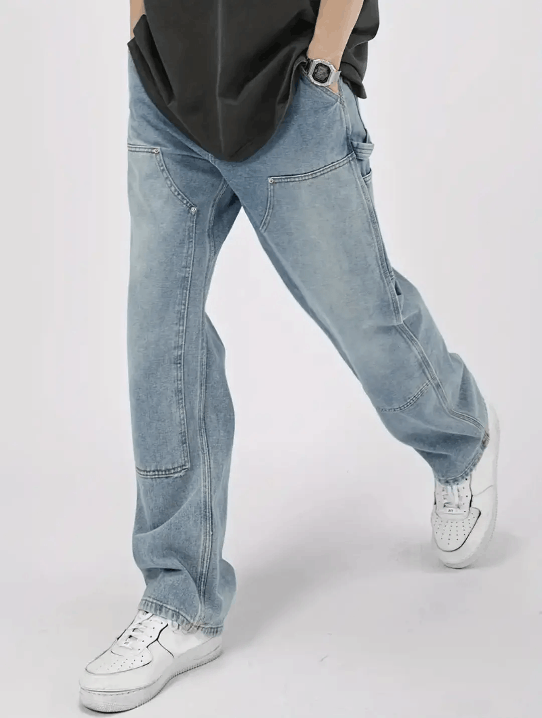 image of Faded Spliced Double Knee Distressed Work Jeans in Blue, Men's (Size 33)