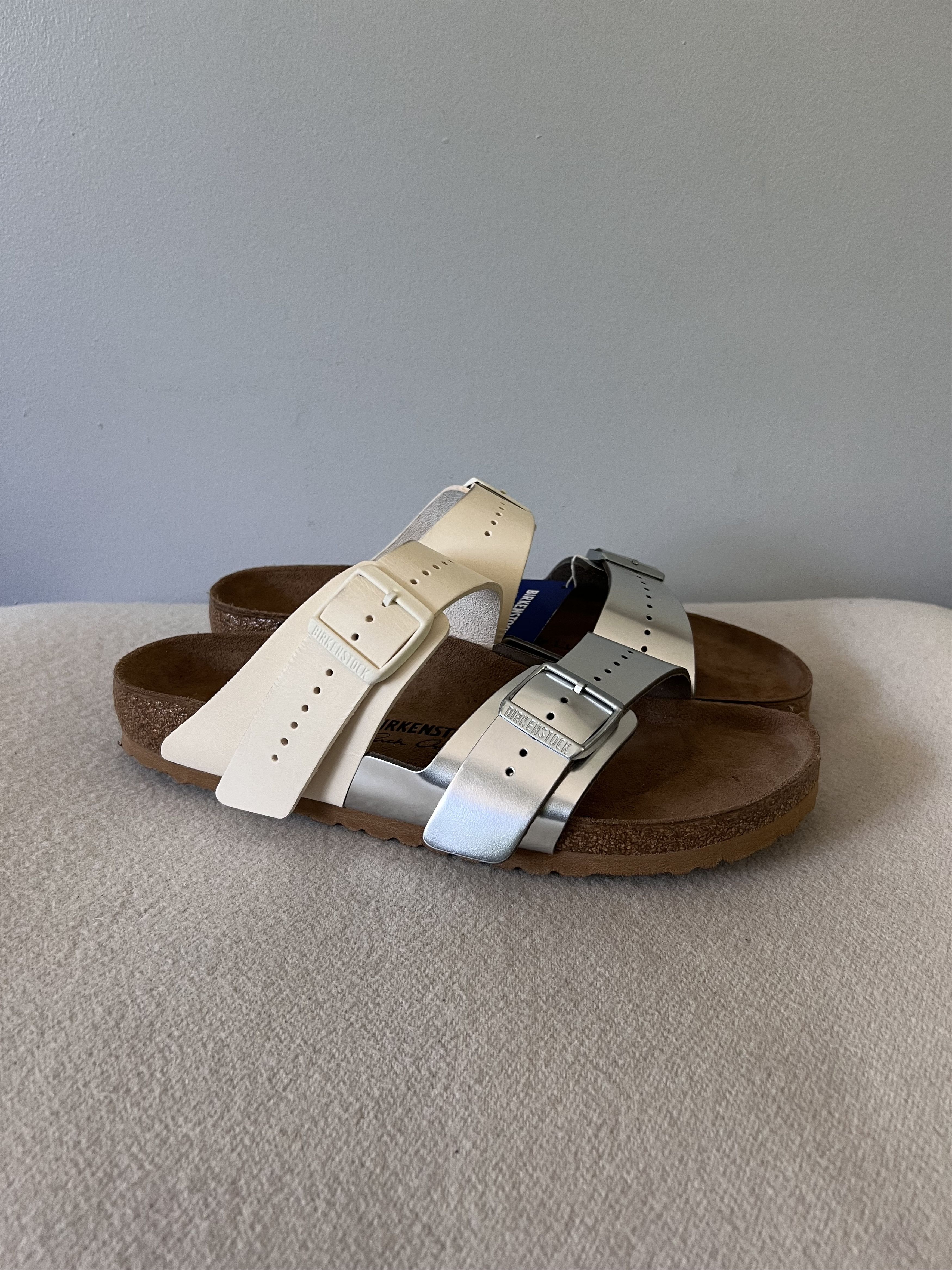 image of Birkenstock Arizona In Silver Milk Leather Shoes, Men's (Size 10)