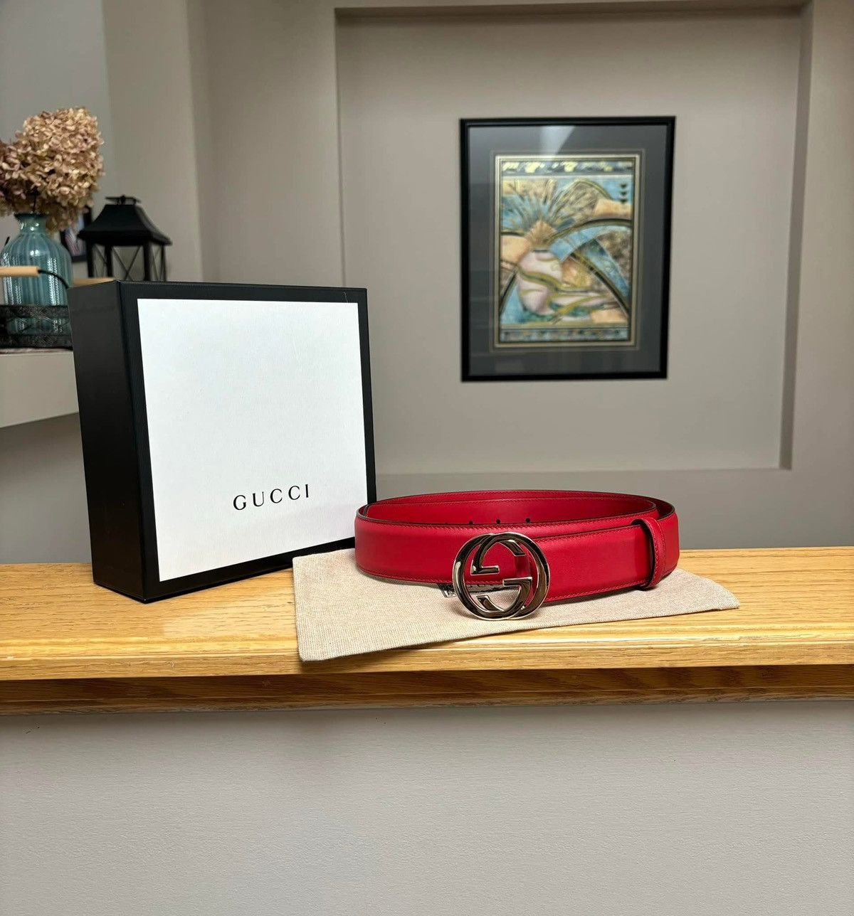 Gucci Gucci Interlock Shiney Silver/Red Metallic Belt Size 42 - 1 Thumbnail