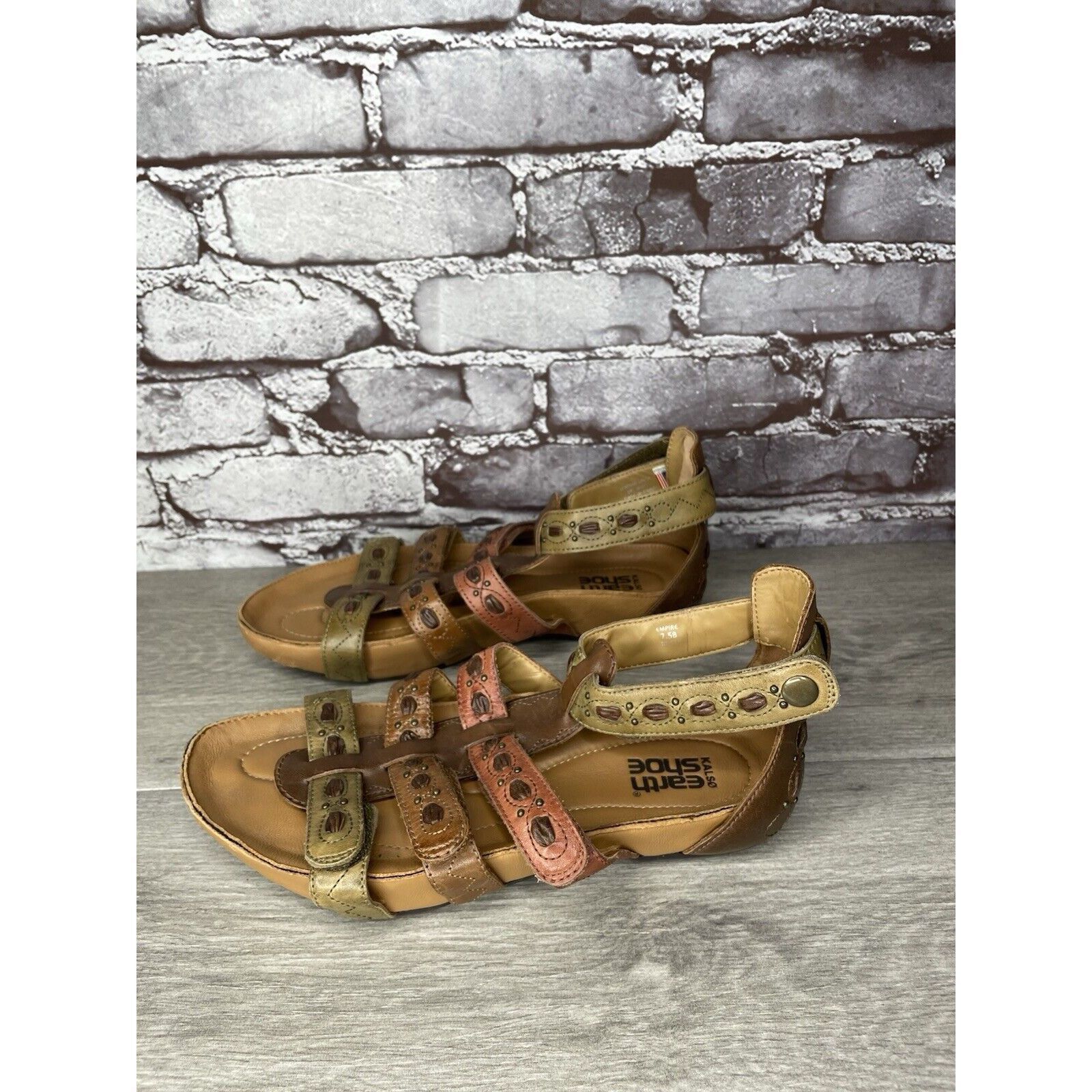 Other Earth Kalso Empire Bat Brown Leather Green Ankle Strap Wedge Size US 7.5 / IT 37.5 - 19 Thumbnail
