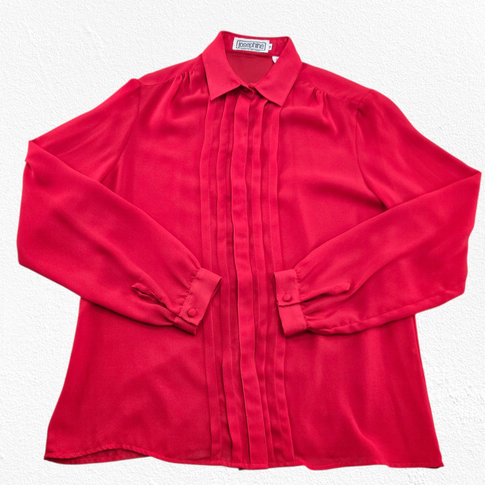 Vintage 90s Red Pleated Front Long Sleeve Blouse Size 14 Size XL / US 12-14 / IT 48-50 - 2 Thumbnail