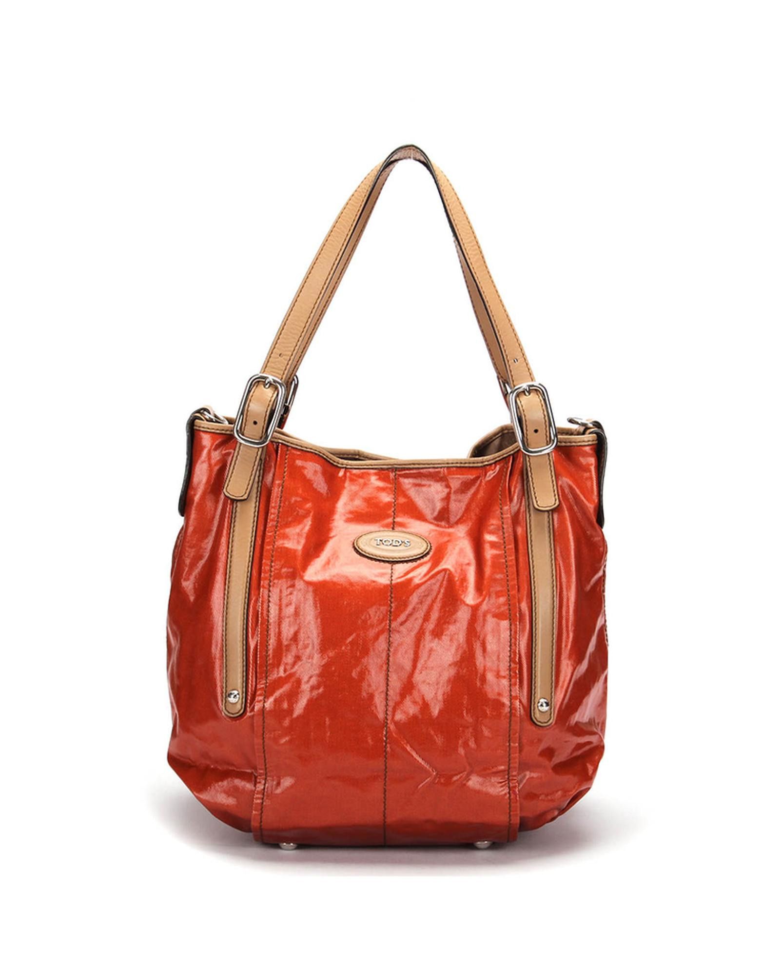 image of Tods Coated Canvas Tote Bag In Excellent Condition in Orange, Women's