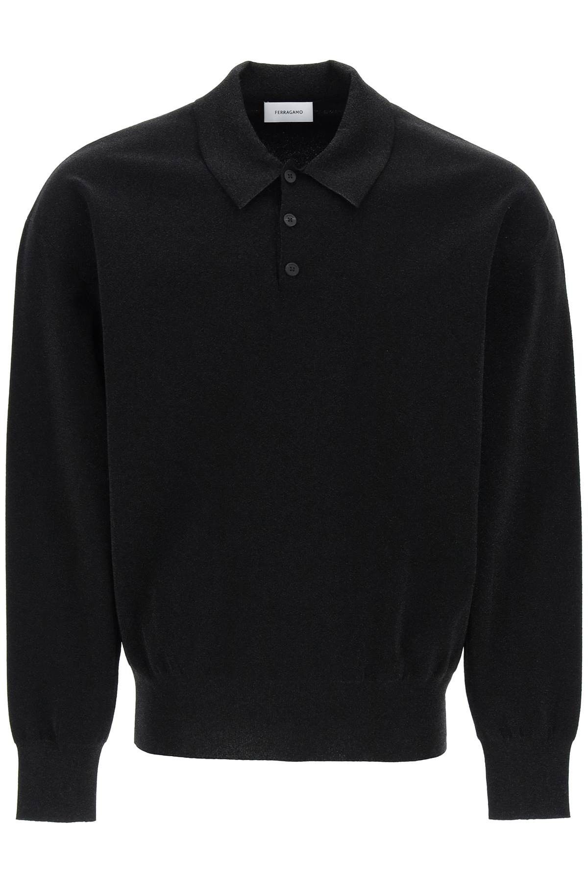 image of Salvatore Ferragamo Ferragamo Long Sleeve Lurex Polo Shirt in Bianco Black Lurex (Size Medium)