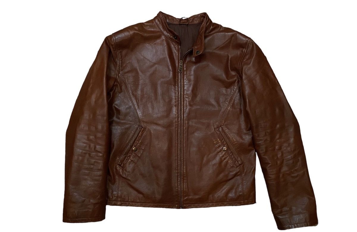 image of Genuine Leather x Leather Jacket Vintage 90's Leather Brown Cafe Racer Motorcycle Biker Jacket (Siz