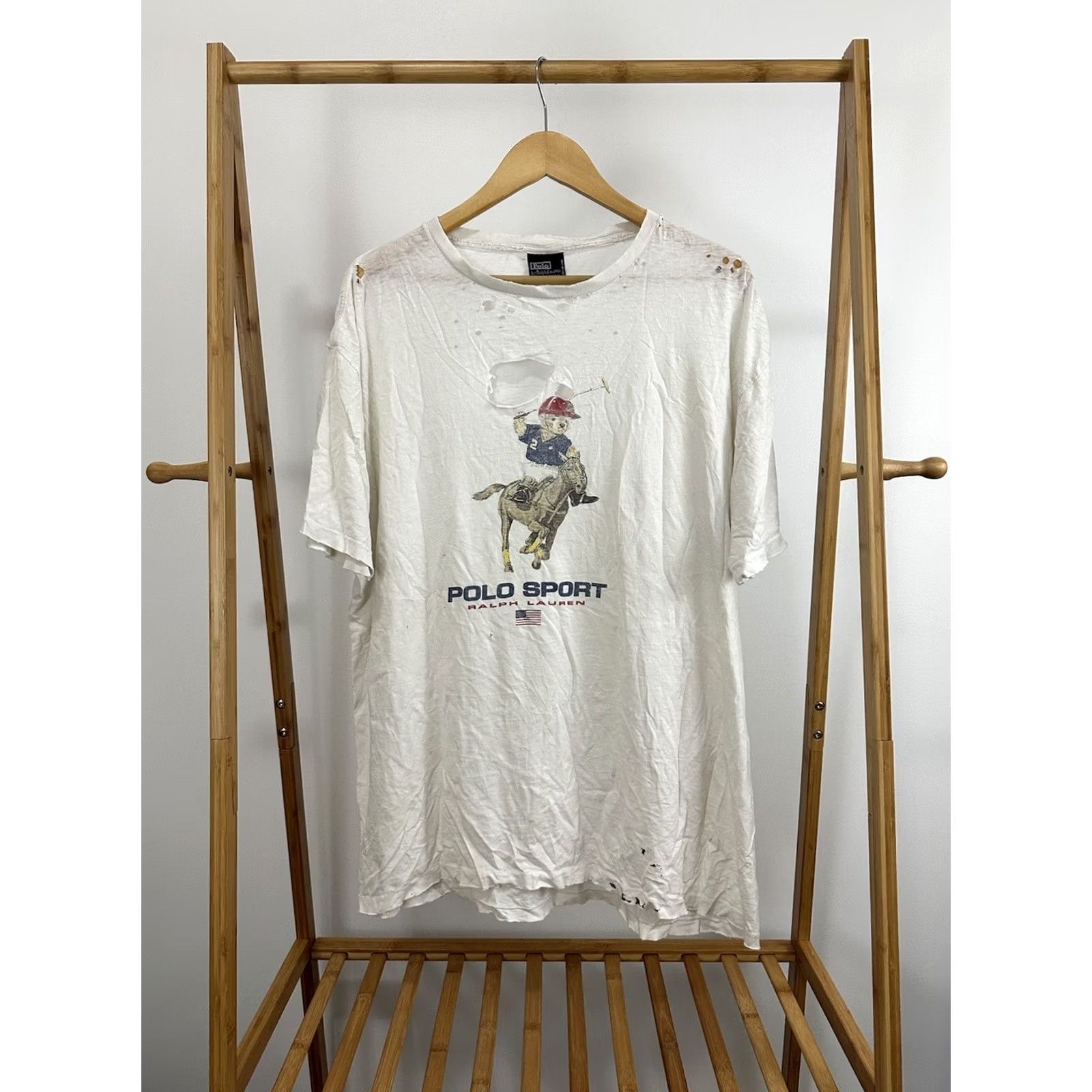 Vintage VTG Polo Ralph Lauren Bear Pony Thrashed Paper Thin Worn T-Shirt L Men White Polo Sport Shirt 90s Grunge Workwear Mens Size US L / EU 52-54 / 3 - 2 Thumbnail