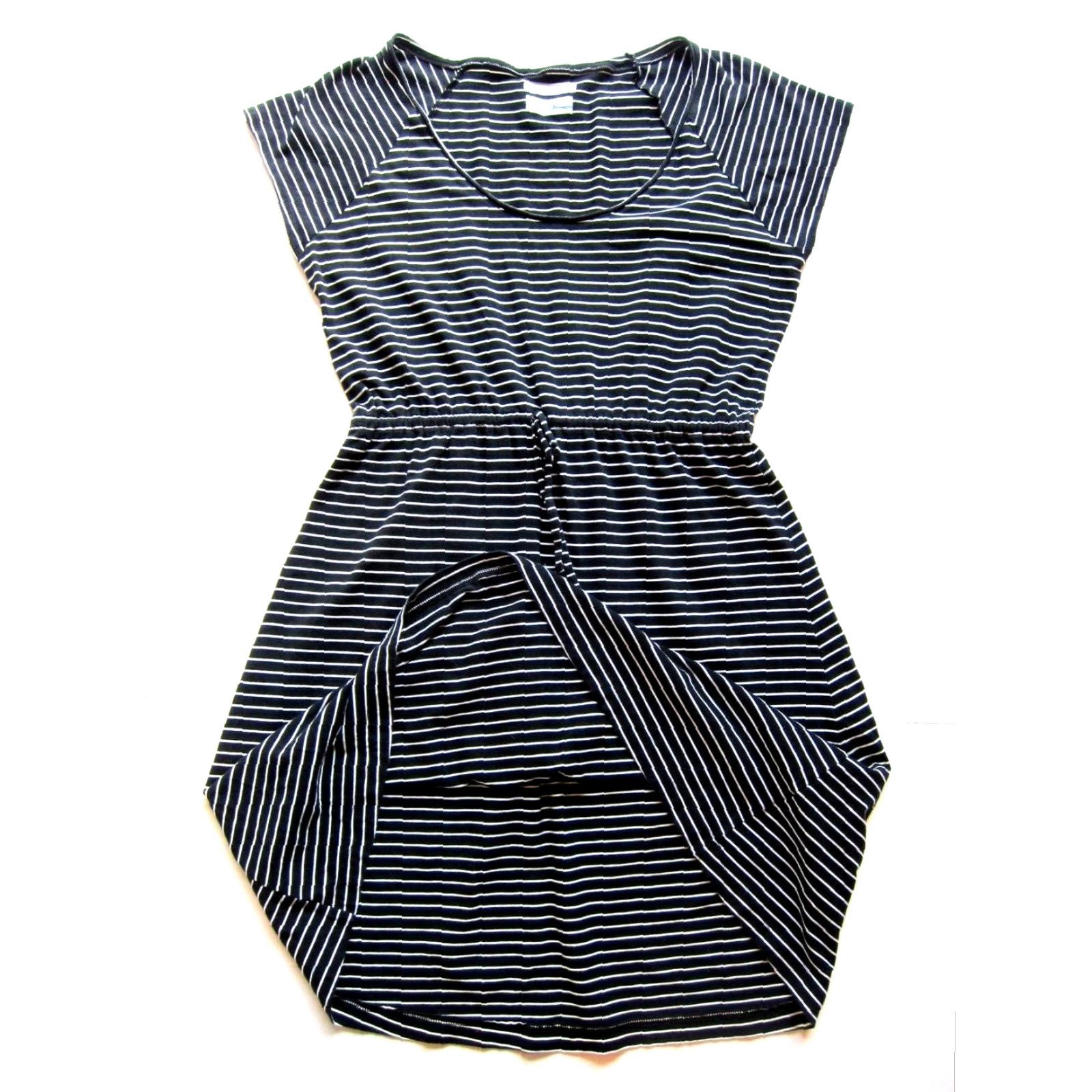 Vintage Columbia Sheath Dress Black Cap Sleeve Jersey Cotton Stretch Large White Stripe Crew Neck Size L / US 10 / IT 46 - 4 Thumbnail
