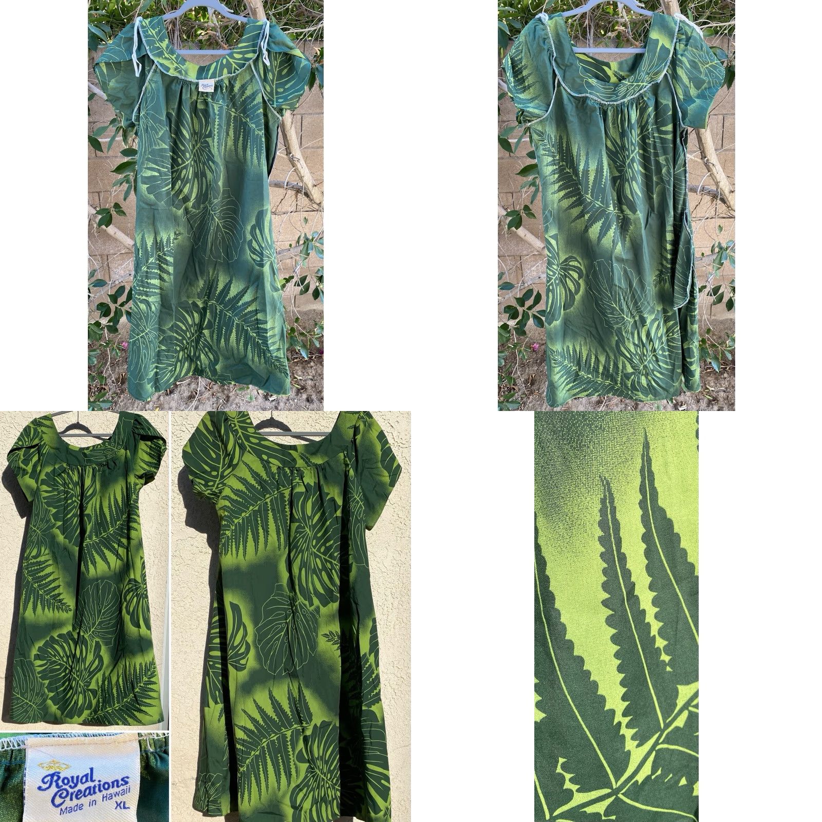 Vintage Royal Creations Muumuu Hawaiian Dress Hawaii Aloha XL Green Midi Polyester Blend Tulip Sleeves ZIP Not a stretchy fabric? Size XL / US 12-14 / IT 48-50 - 8 Thumbnail
