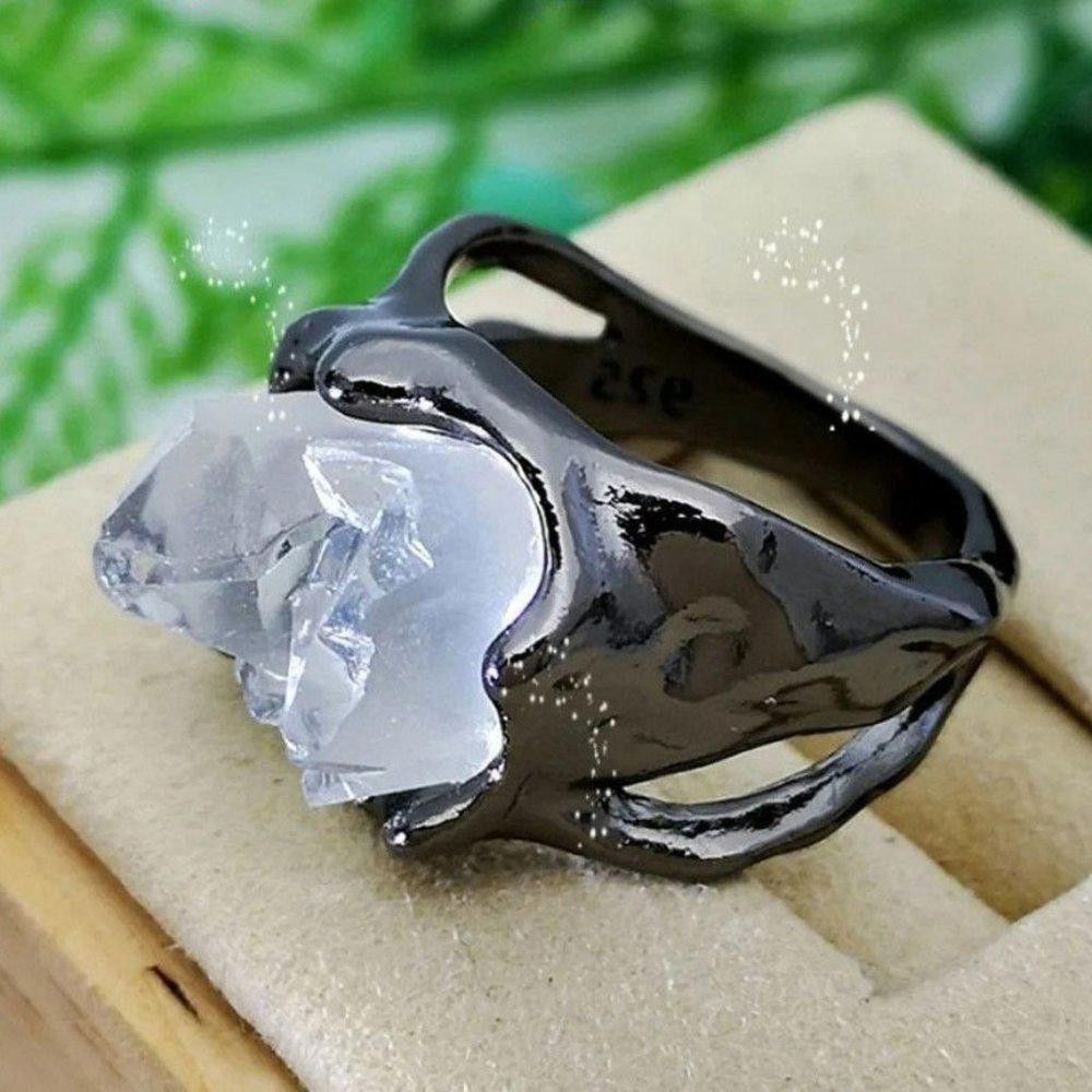 Designer 925 Sterling Silver Black Irregular White Rock Ring - Size 7 Size ONE SIZE - 2 Thumbnail