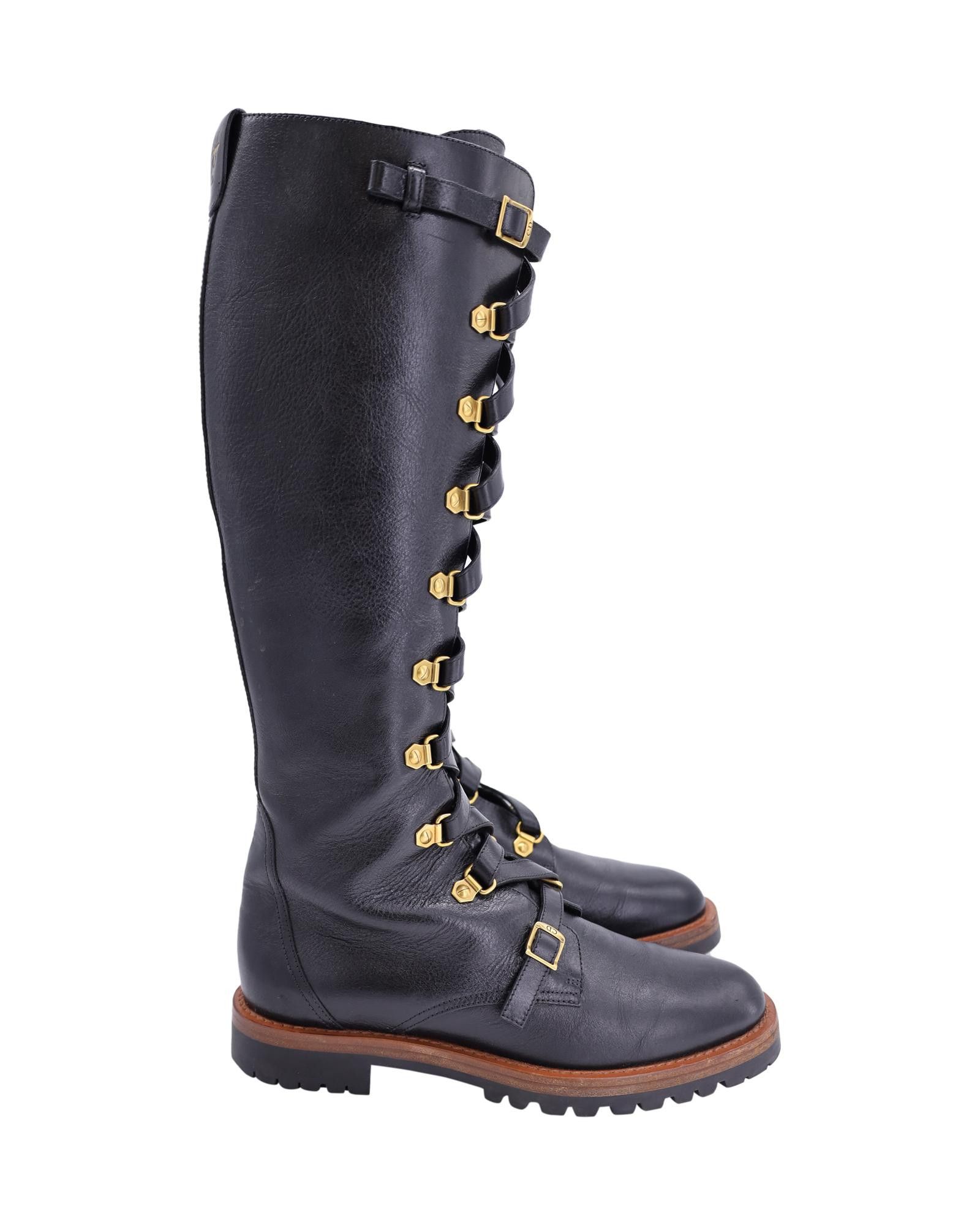 image of Dior Black Leather Knee Boots With Gold-Tone Embellishments, Women's (Size 8)