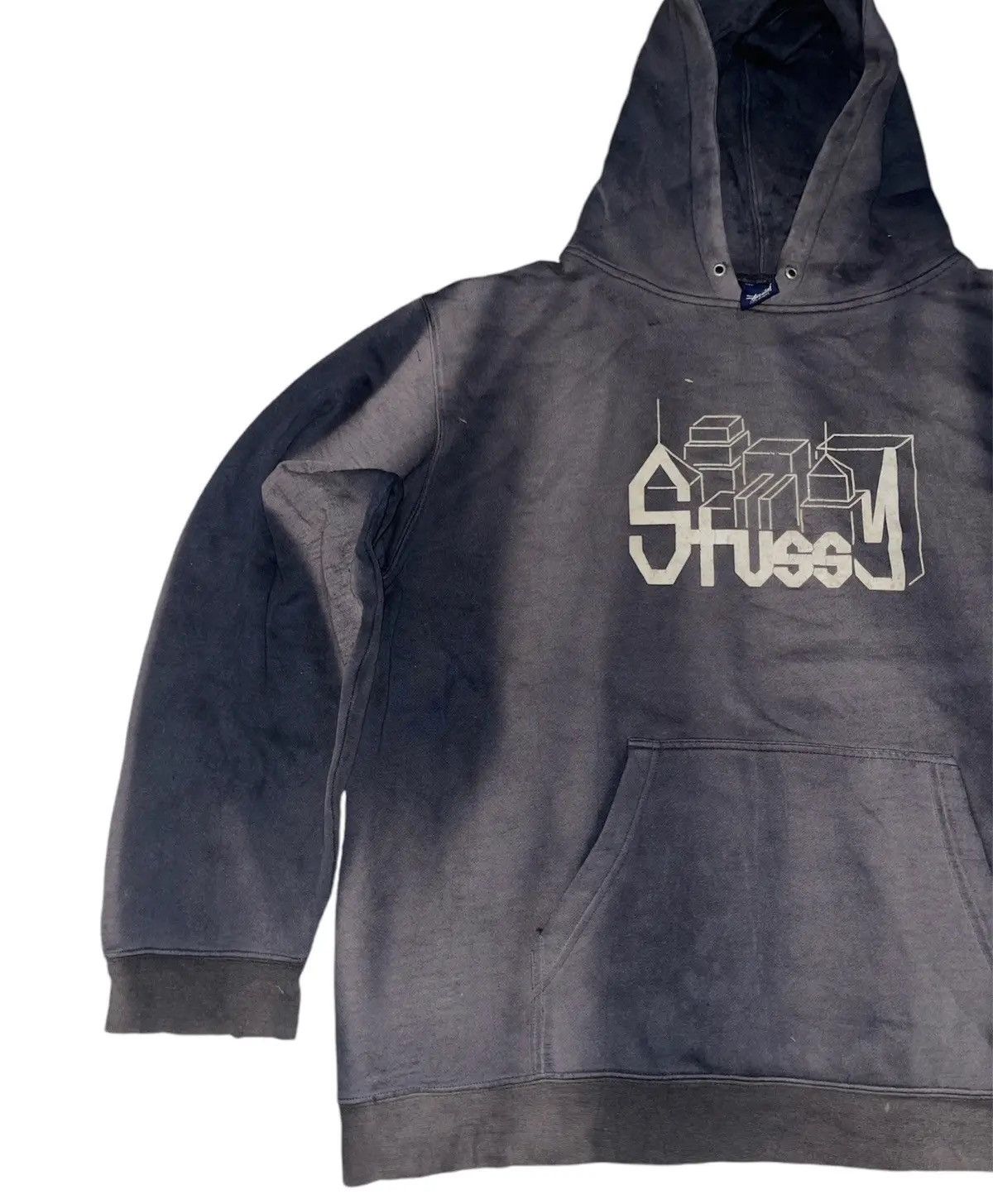Stussy Vintage Stüssy "Skyline" Logo Hoodie SunFaded Black Thrashed Size US XL / EU 56 / 4 - 4 Thumbnail