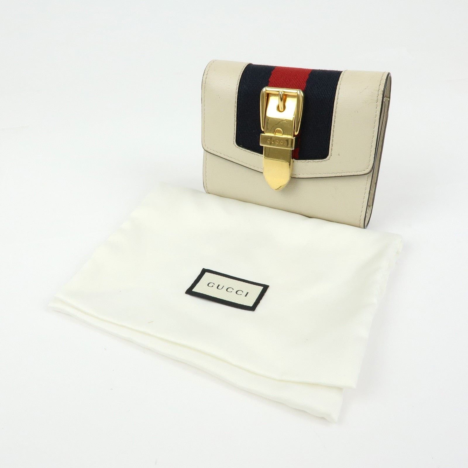 Gucci Gucci Sylvie Web Leather Tri-Fold Wallet Cream Size ONE SIZE - 8 Thumbnail