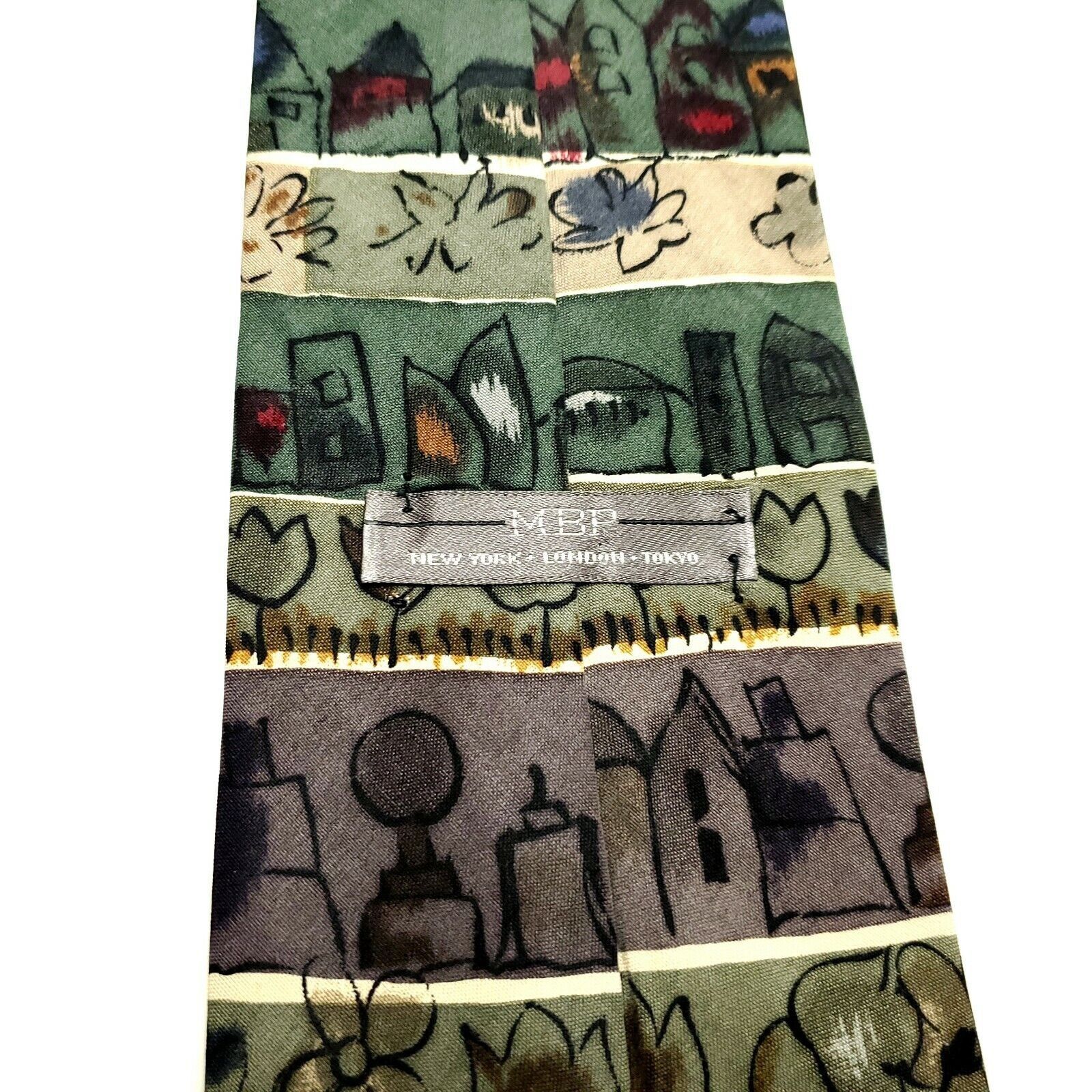 Vintage MBP Silk Tie Novelty Print Wine Floral Green Wide Size ONE SIZE - 3 Thumbnail