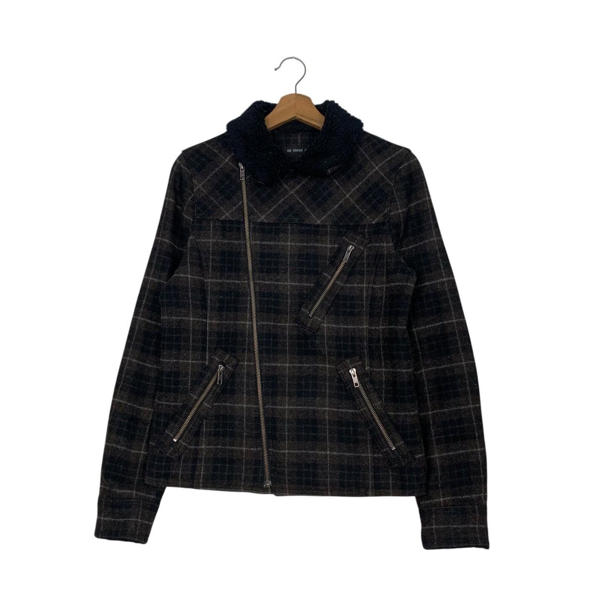 Japanese Brand AS SUPER SONIC Wool Checked Asymmetrical Jacket #2939-C133 Size US M / EU 48-50 / 2 - 1 Thumbnail