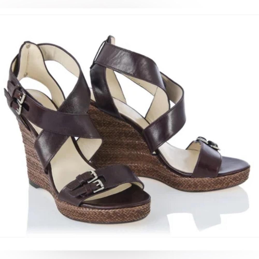 Designer KORS Michael Kors Brown Leather Jute Wedge Sandals Size 8 Size US 8 / IT 38 - 1 Thumbnail