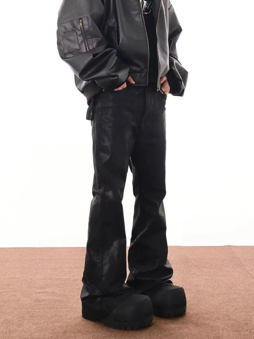 Designer × Japanese Brand Coated Brushed Waxed Wide Leg Denim Trousers Black Size US 33 - 2 Thumbnail
