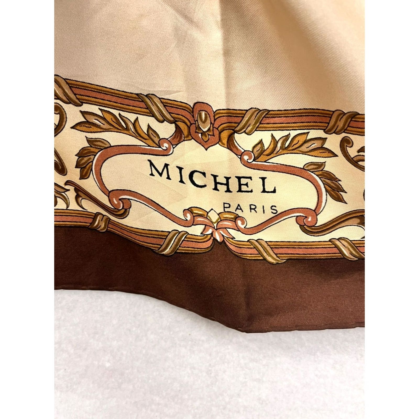 Vintage VINTAGE Michel Paris Silk Scarf Brown Cream Helmet Design Scarf Women Square Like New Size ONE SIZE - 3 Thumbnail