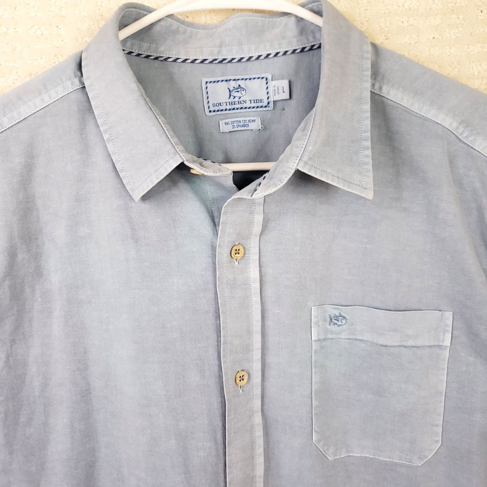 Southern Tide Southern Tide Men L Blue Cotton-Hemp Shirt Short Sleeve Button-Up Size US L / EU 52-54 / 3 - 3 Thumbnail